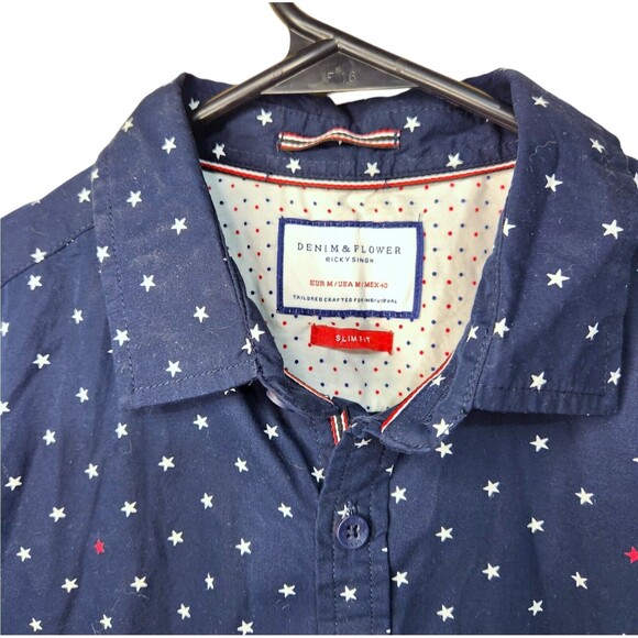 Denim & Flower Ricky Singh Shirt Mens Stars Button Up Short Sleeve Size Medium - Picture 3 of 3